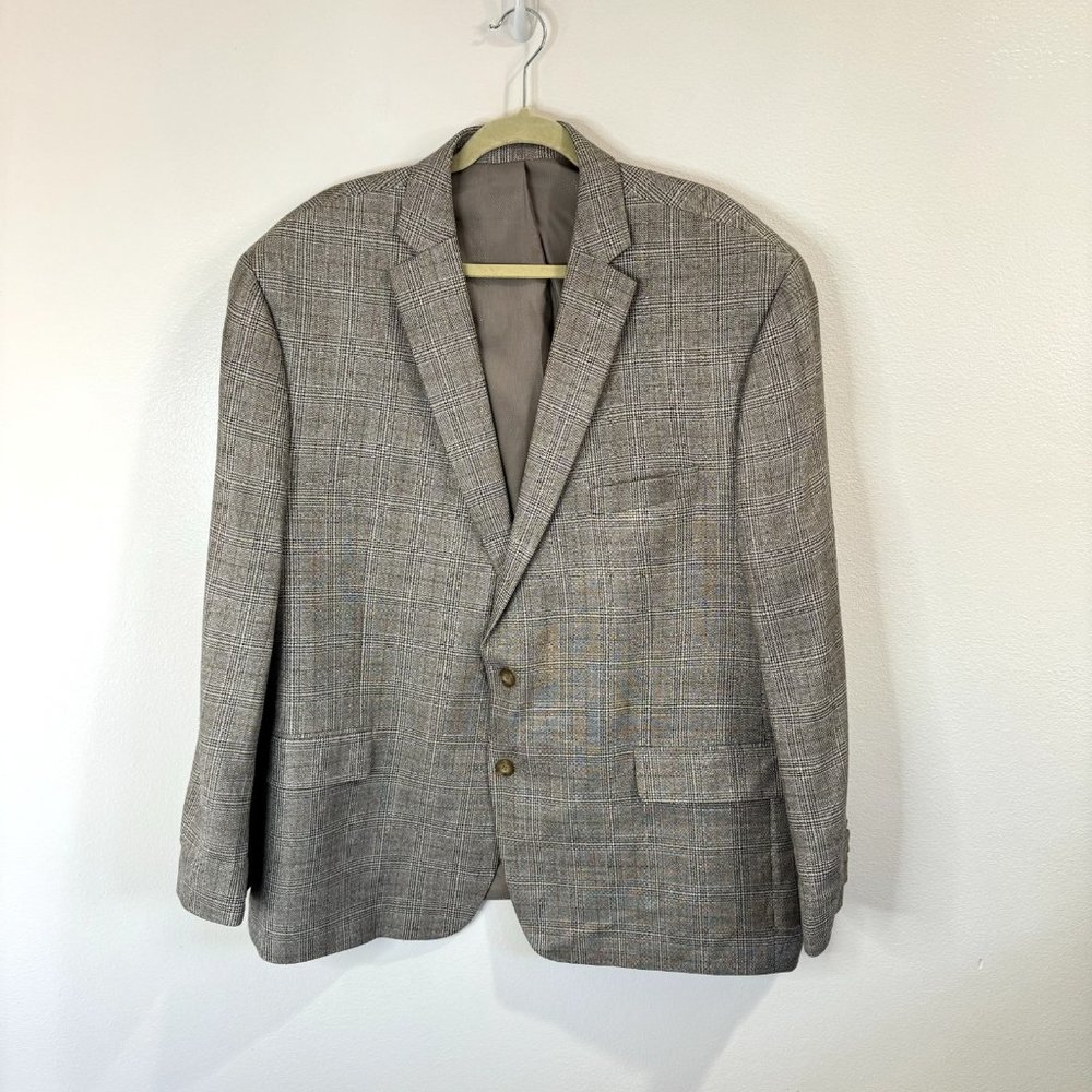 Michael Kors Blazer Suit Jacket Size 50R Houndstooth Plaid Gray Tan